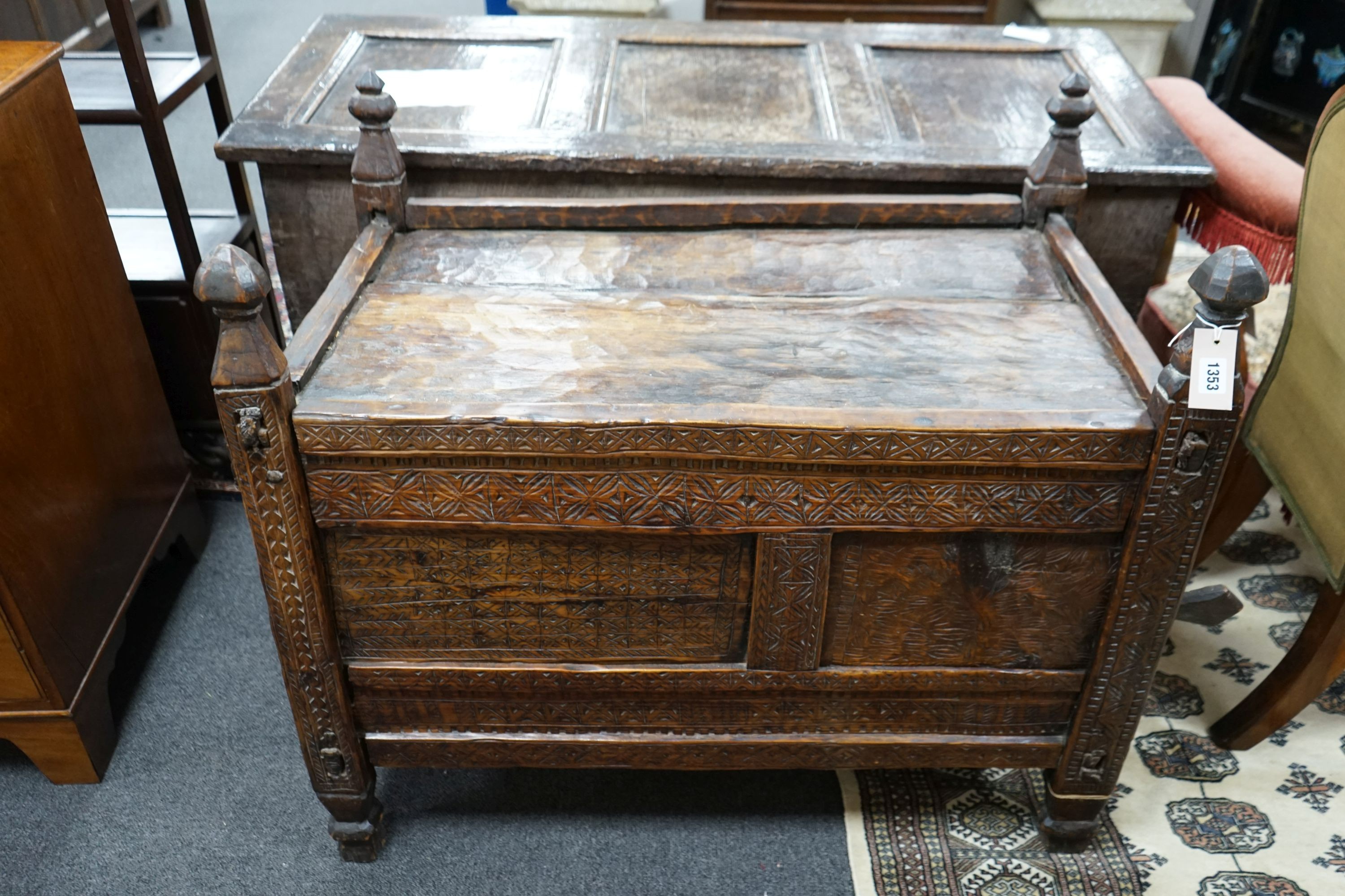 A 19th century chip carved grain chest/coffer, width 94cm, depth 52m, height 80cm